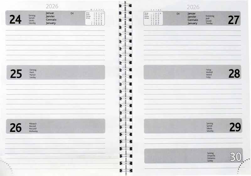 Simplex Agenda – 1 Woche/2 Seiten, Spiralbindung, A5, Jan–Dez, mehrsprachig, Blau, FSC
