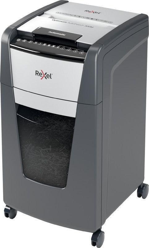 Rexel Optimum AutoFeed+ 300M – Aktenvernichter mit Autofeed 300 Blatt, DIN P-5, Mikroschnitt 2 × 15 mm, 60 l