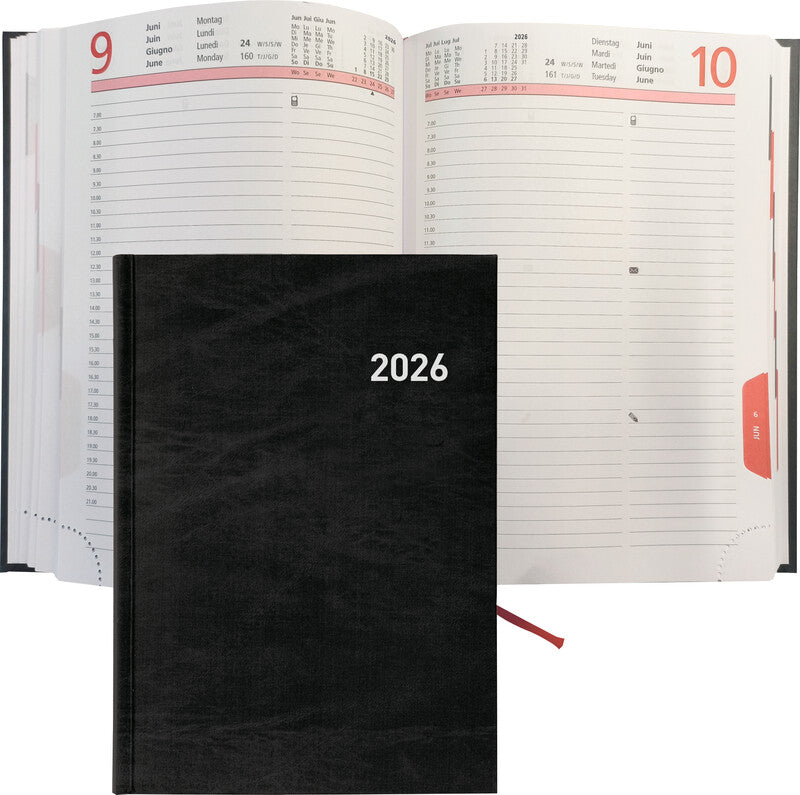 Biella Registra Agenda – 1 Tag/Seite, gebunden, 14,5 × 20,5 cm, 2026, 1/2-Stunden-Takt, schwarz, FSC