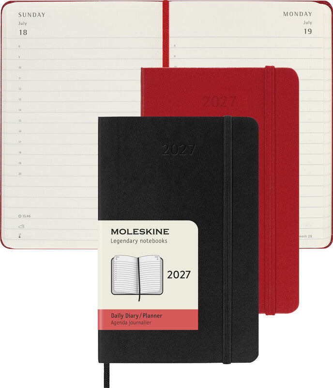 Moleskine Agenda – 1 Tag pro Seite, gebunden, 9 × 14 cm, 2026, 1-Stunden-Takt, Englisch, Schwarz, FSC