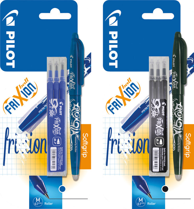 Pilot FriXion Ball – radierbarer Tintenroller-Set, mit Kappe, 0,7 mm, schwarz, für Linkshänder, 4er Etui