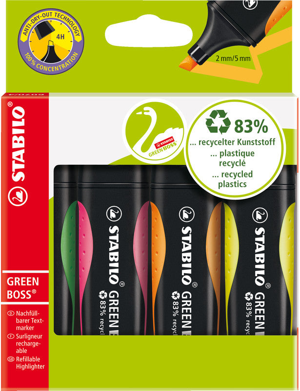 STABILO GREEN BOSS Textmarker – 4er Set, Farben: Grün/Orange/Pink …, Keilspitze 2–5 mm, nachfüllbar