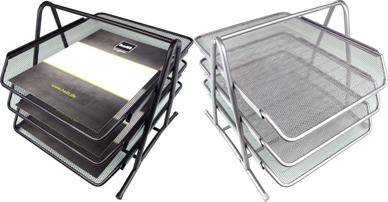 Helit Briefkorb – Metall, für A4, C4, 3 Fächer, glänzend, silber, B 295 × H 270 × T 350 mm