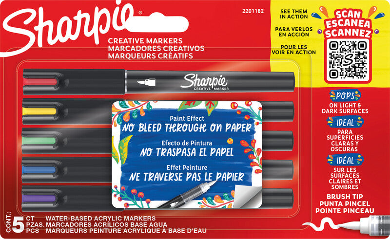 Sharpie Acrylmarker Creative – Pinselspitze 1,2-2,5 mm – Sortiert – 5er-Set – Für dunkle Oberflächen geeignet