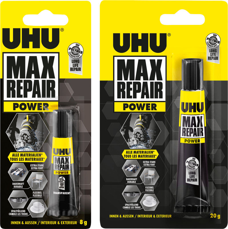 UHU Max Repair Power Kraftkleber – permanent, transparent, lösemittelfrei, wasserfest, 20 g, für Reparaturen