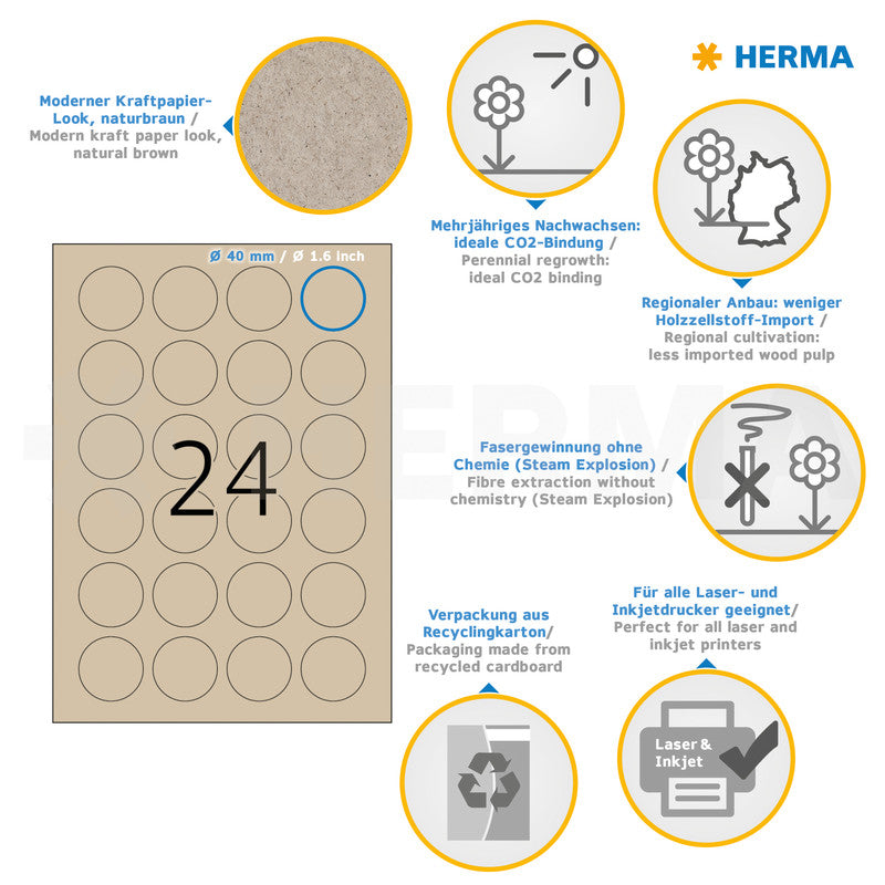 HERMA Druckeretiketten, Ø 40 mm, braun, Papier, permanent, 480 Etiketten (20 Blatt)
