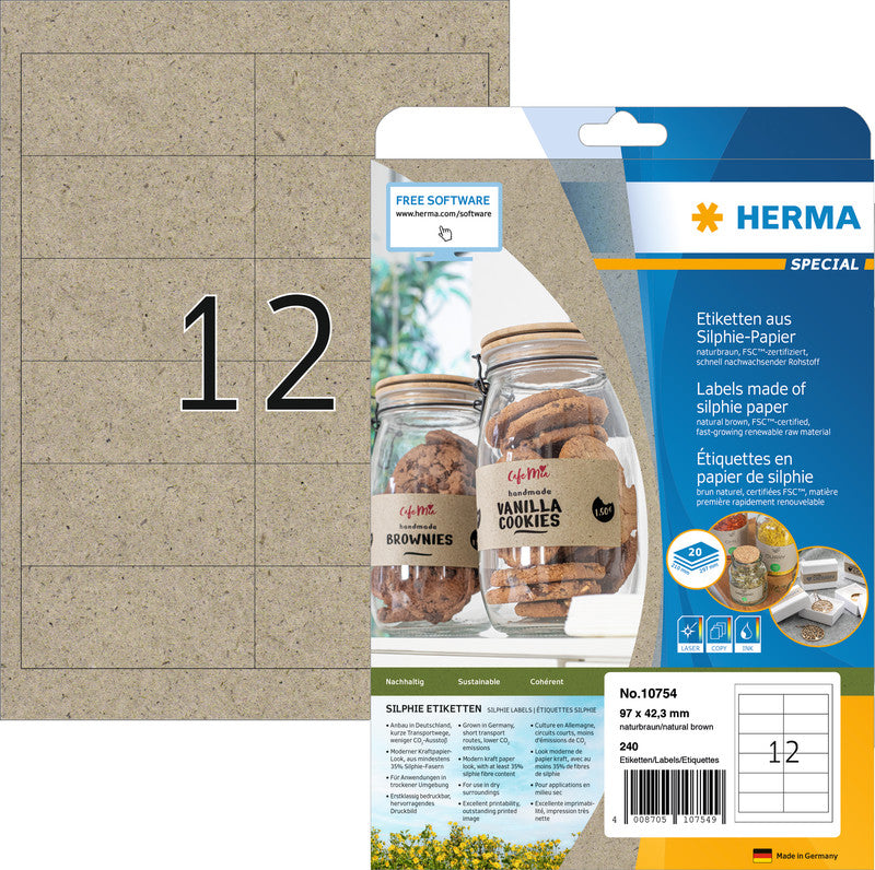 HERMA Drucketiketten, 97 mm × 42 mm, braun, Papier, permanent, 240 Etiketten (20 Blatt)