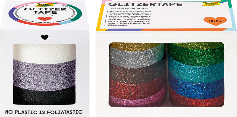 Folia Washi Tape Set Glitter – mehrfarbig (weiss, grau, schwarz) – 1,5 × 500 cm – 3er Set – Kunststoff