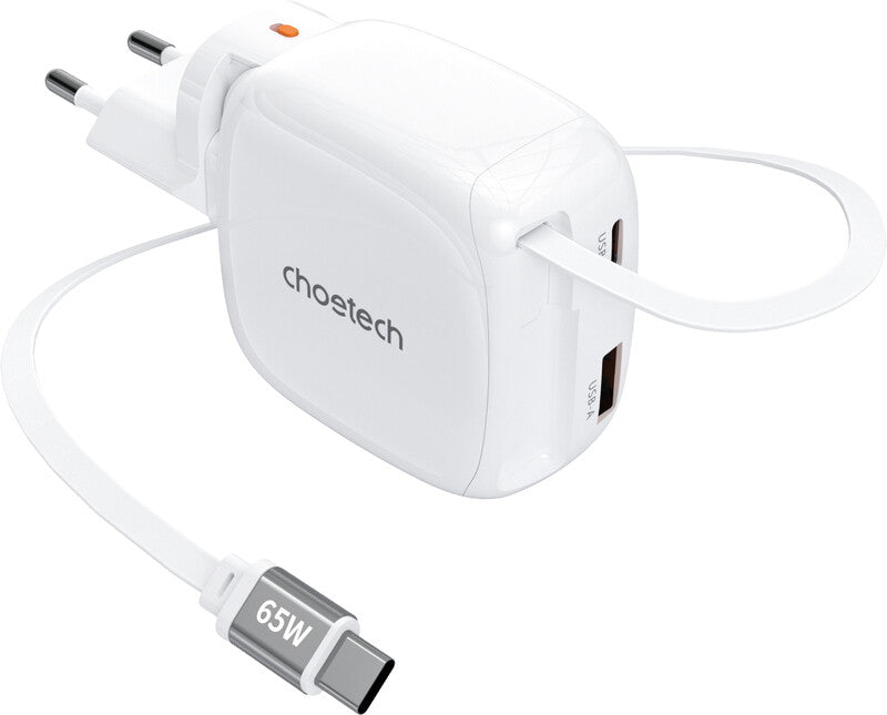 Choetech USB-Ladegerät 65 W – USB-C×2, USB-A×1, GaN – Integriertes ausziehbares Kabel 0,7 m – Weiss
