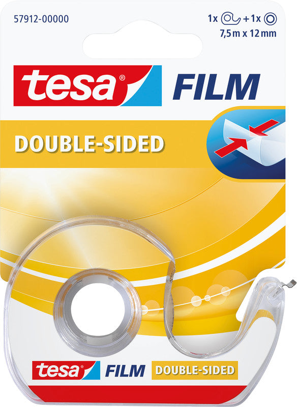 TESA Doppelseitiges Klebeband – mit Abroller – permanent, klar, Kunststoff, 12 mm × 7,5 m, Kern Ø 26 mm