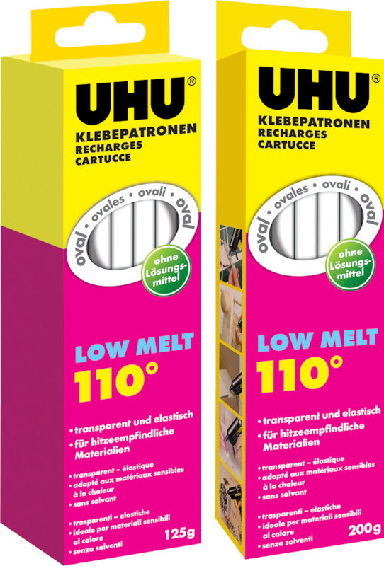 UHU Heissklebepatronen Low Melt 110 °C – Ø 8–13 × 173 mm – 10 Stück, 125 g – transparent trocknend, geruchlos