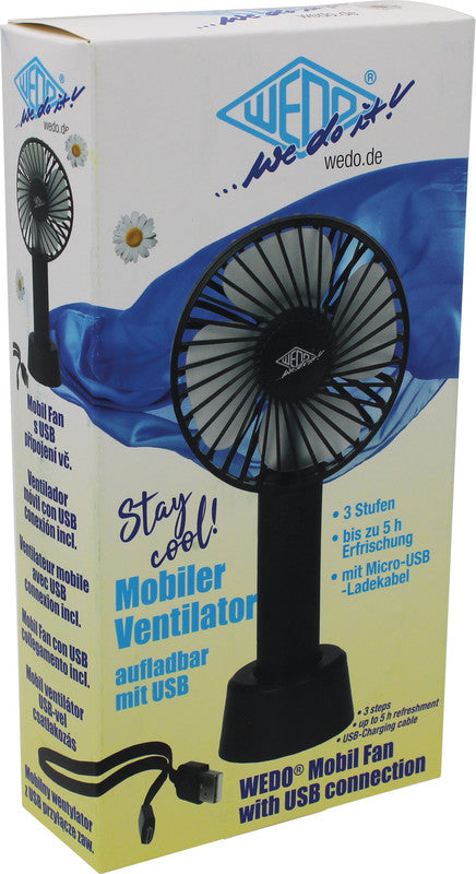Wedo USB-Tischventilator Stay Cool – 3 Stufen, Akku (bis 5 h), Micro-USB, Schwarz – 107 × 205 × 43 mm