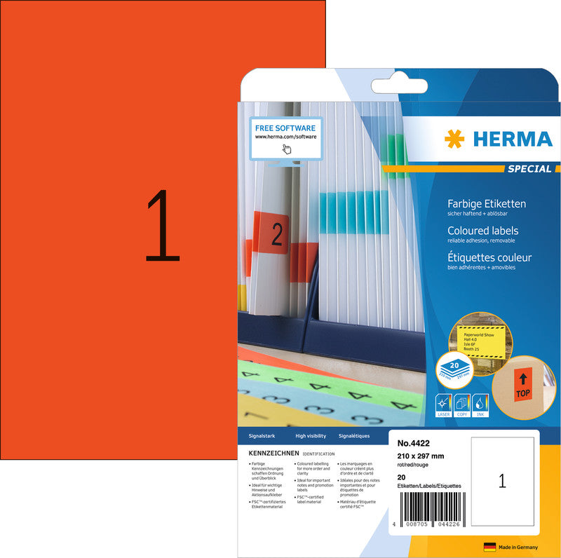 HERMA Druckeretiketten, 210 mm × 297 mm, rot, Papier, wiederablösbar, 20 Blätter