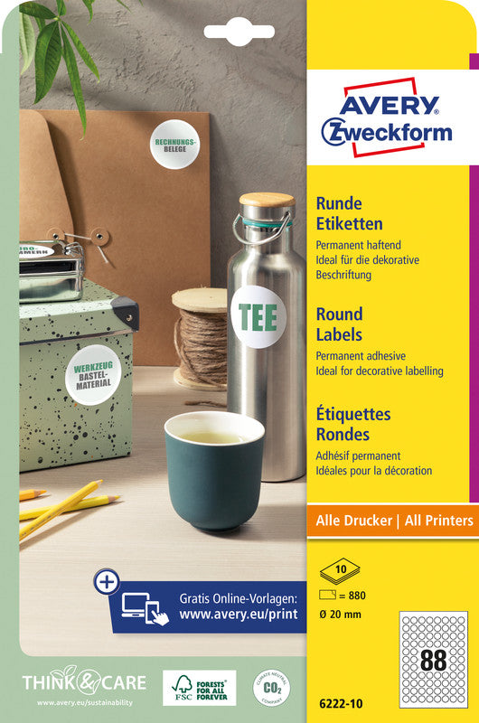Avery Druckeretiketten, Ø 20 mm, weiss, Papier, permanent, 880 Etiketten (10 Blatt)