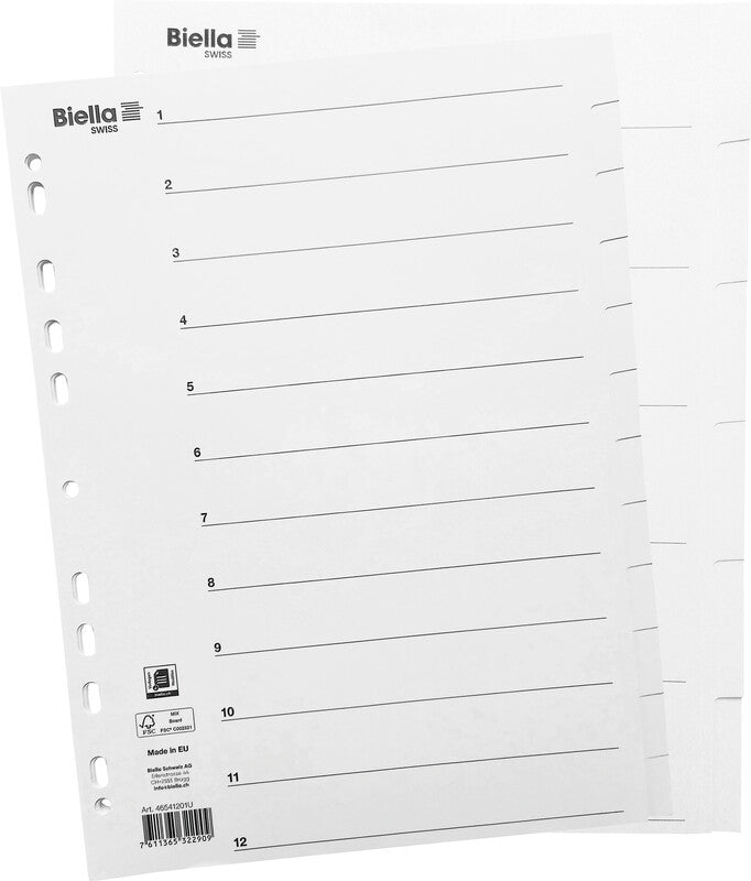 Biella Register – Vollformat, 6-teilig, Karton, weiss, unbedruckt, Indexblatt, 11-fach – für A4 hoch