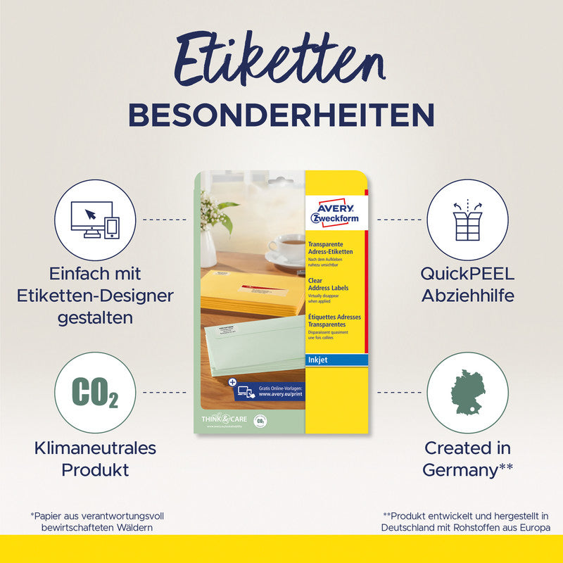 Avery Inkjet-Etiketten, 46 mm × 21 mm, transparent, Folie, permanent, 25 Blatt (1'200 Etiketten)