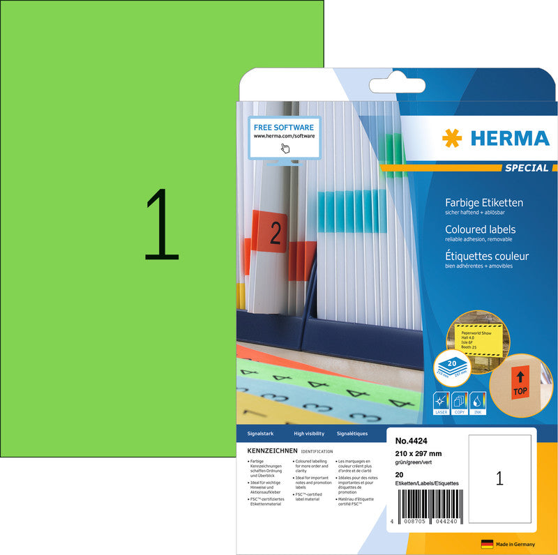 HERMA Drucketiketten, 210 mm × 297 mm, grün, Papier, wiederablösbar, 20 Blätter