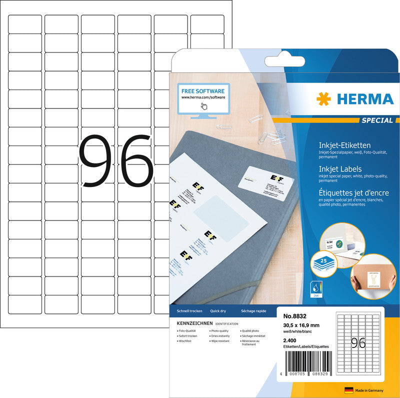 HERMA Bogenetiketten, 31 mm × 17 mm, weiss, Papier, permanent, 2400 Etiketten (25 Blatt)