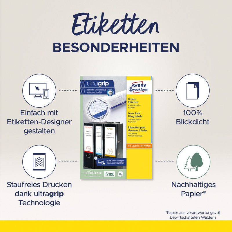 Avery Druckeretiketten, 32 mm × 192 mm, weiss, Papier, selbstklebend, 100 Blätter (800 Etiketten)