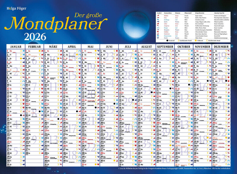 Heyne ludwig Heye – Bildkalender Mond 2026 – 33 × 48,5 cm – d – mit Tagesfeldern