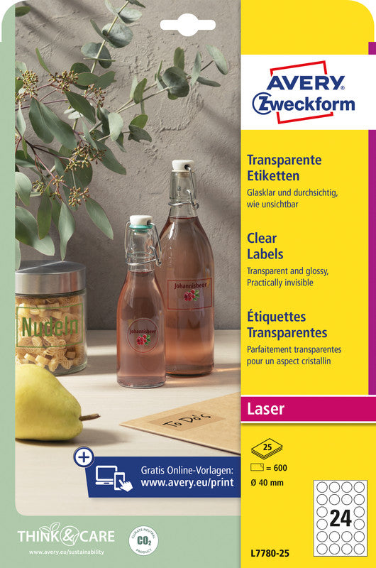 Avery Folienetiketten, Ø 40 mm, transparent, Folie, permanent