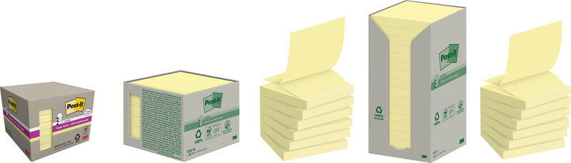 Post-it Haftnotizen Recycling Tower – 76×76 mm – gelb, 6×100 Blatt, PEFC