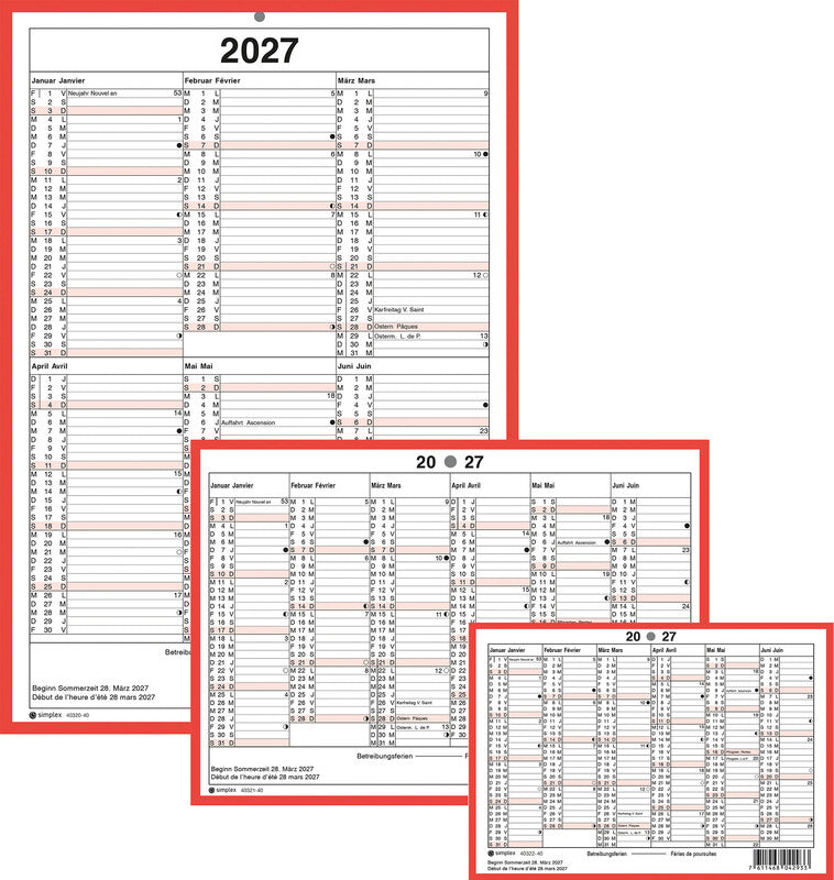 Simplex Tafelkalender – 6 Monate pro Seite – zweisprachig Deutsch/Französisch – 2027 – zweiseitig – A4