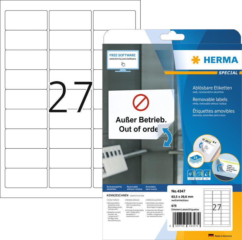 HERMA Special – Etiketten A4 63,5 × 29,6 mm – Papier, matt – wiederablösbar – Laser/Inkjet – 27 pro Blatt, 25 Blätter