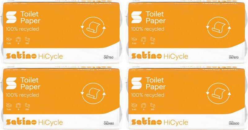 Satino hicycle Toilettenpapier – 2-lagig, Recycling, Blattgrösse 94 × 110 mm, 250 Blatt/Rolle – 8 Rollen
