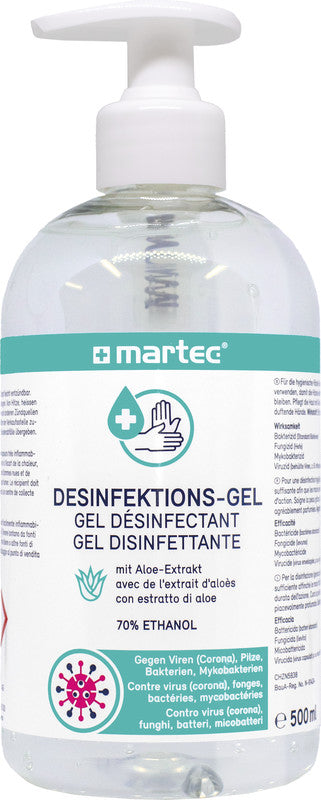 MARTEC Desinfektionsgel – Kunststoff, weiss, 74 × 185 × 74 mm (B×H×T), 500 ml, mit Pumpe