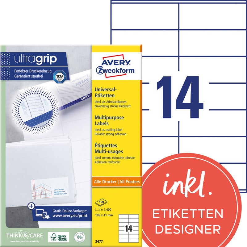 Avery Druckeretiketten, 105 mm × 41 mm, weiss, Papier, permanent, 1400 Etiketten