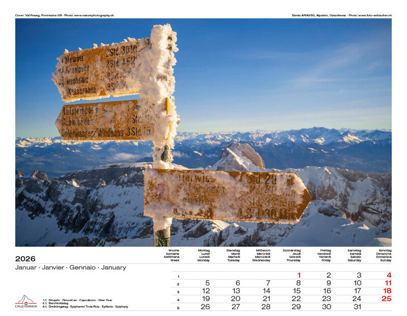 Calendaria Bildkalender Swiss Panorama 2026 – 40 × 31 cm – mit Aufhänger, mit Kartonrückwand