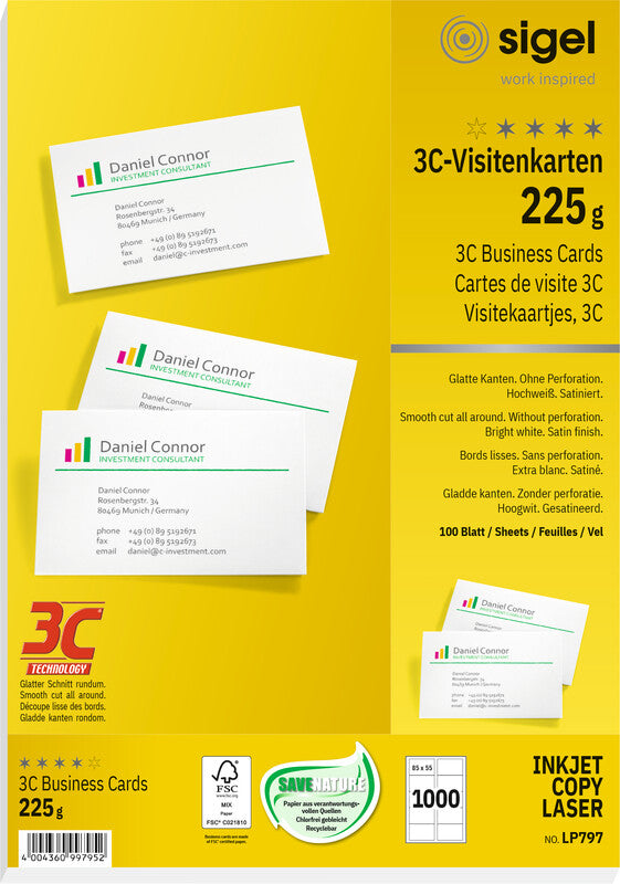 Sigel Visitenkarten, 85 × 55 mm – für Laser/Inkjet/Kopierer – A4, 10/Blatt – 1000 Karten – FSC-zertifiziert