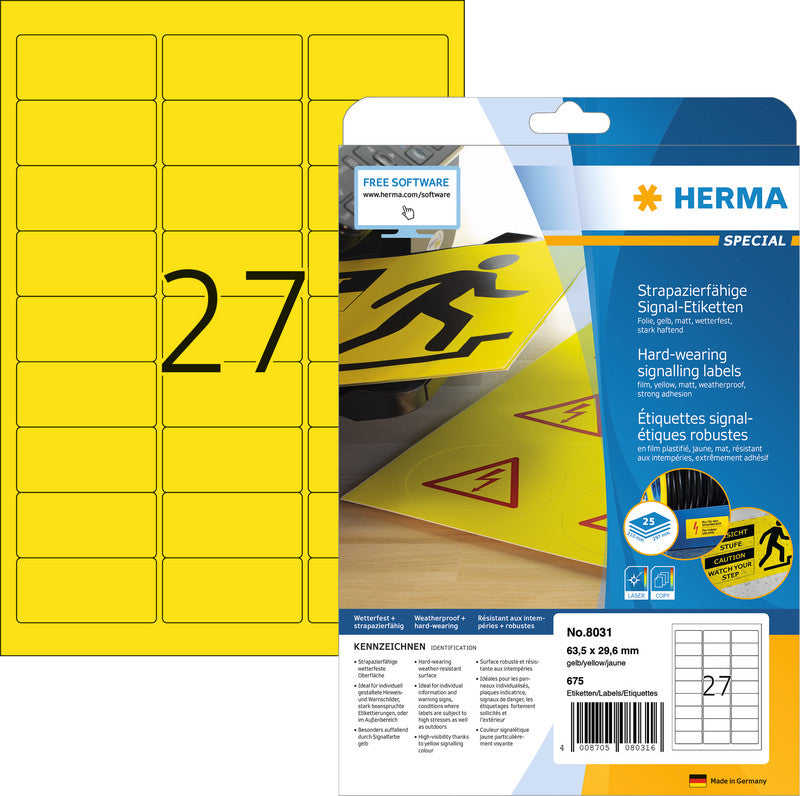 HERMA Drucketiketten, 64 mm × 30 mm, gelb, Folie, extra stark, 25 Blätter (675 Etiketten)