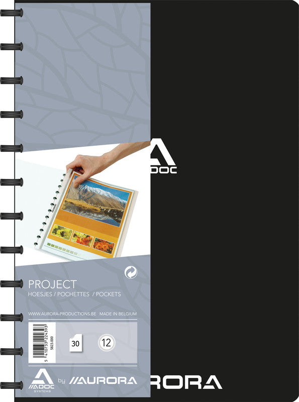 Adoc Bind-Ex Project Sichtbuch – 20 Sichttaschen, A4, austauschbar, glatt, glänzend, schwarz, Kunststoff