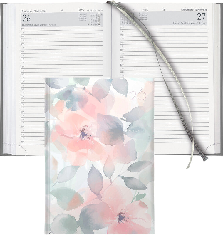 Biella Executive Agenda – 1 Tag pro Seite, Gebunden, 14,5 × 20,5 cm, 2026, 1/2-Stunden-Takt, Floral, FSC