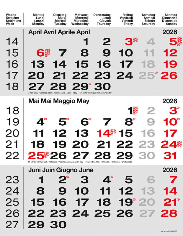 Calendaria 3-Monats-Kalender – 3 Monate pro Blatt – 2026 – Datumsschieber, Spiralbindung – 31 × 40 cm