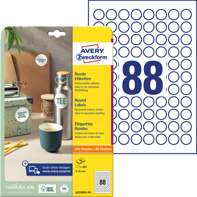 Avery Etiketten, Ø 20 mm, weiss, Papier, wiederablösbar, 10 Blatt (880 Etiketten)