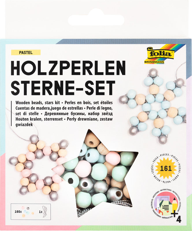 Folia Perlenmischung, Holz – mehrfarbig – Ø 10–12 mm, Loch 12 mm – 160 Stk. – Sterne-Set Pastell