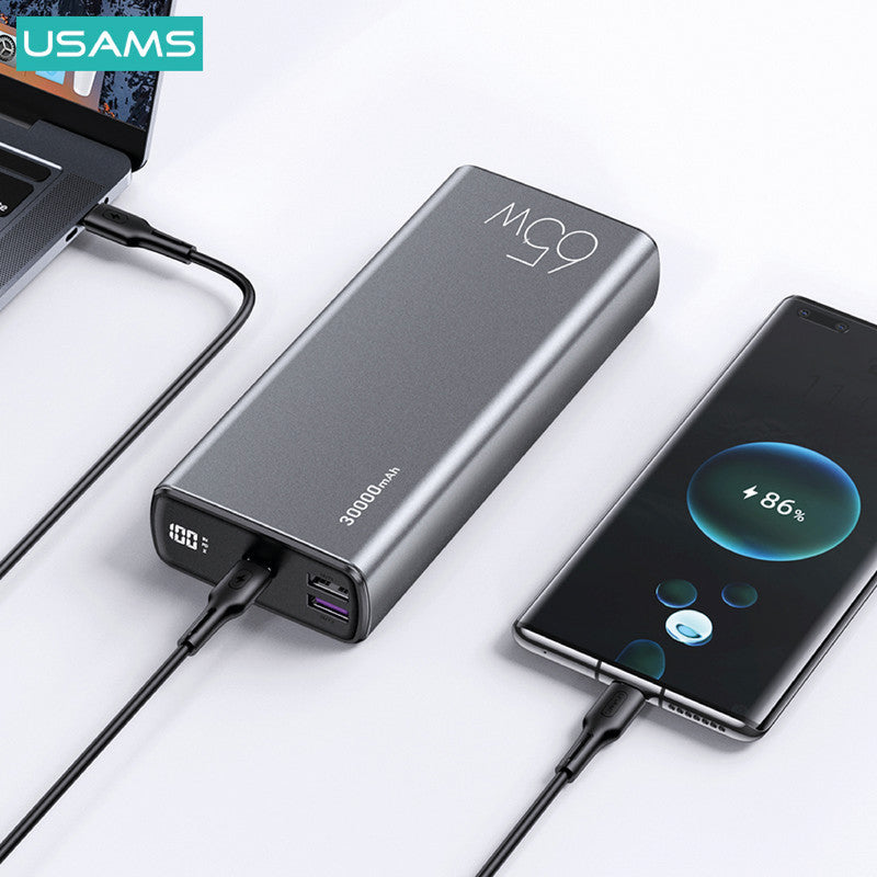 Usams Powerbank 30000 mAh, PD 65 W, 2× USB-A, 1× USB-C, für Smartphones, Tablets, Notebooks, Grau