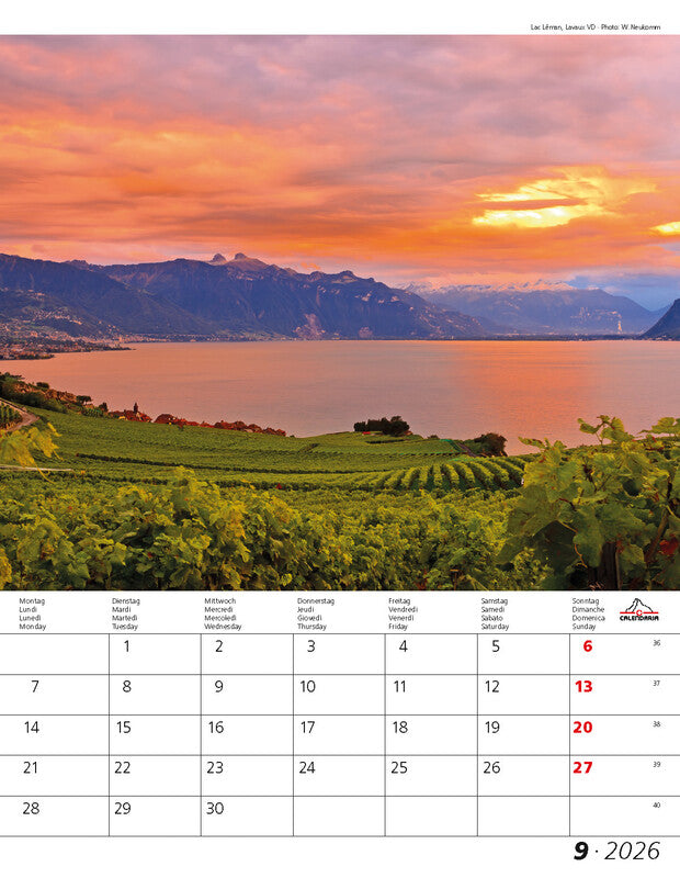 Calendaria Bildkalender Berge und Täler der Schweiz 2026 – 30 × 40 cm – mit Tagesfeldern, mit Aufhänger