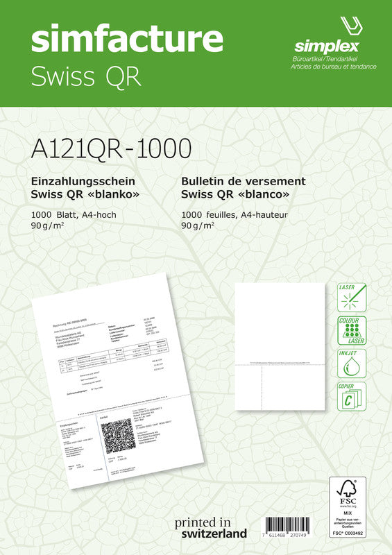 Simplex Rechnungsformular für QR-Rechnung – A4 – 90 g/m² – 1 Zahlteil – 1'000 Blatt – perforiert – FSC