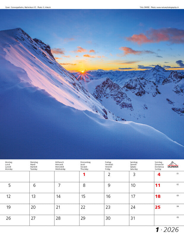 Calendaria Bildkalender Berge und Täler der Schweiz 2026 – 30 × 40 cm – mit Tagesfeldern, mit Aufhänger