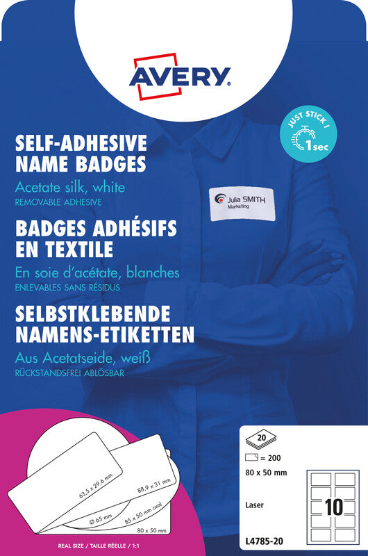 Avery Textiletiketten, 80 mm × 50 mm, weiss, Textil, selbstklebend, 20 Blatt (200 Etiketten)