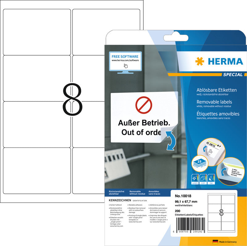HERMA Drucketiketten, 99 mm × 68 mm, weiss, Papier, wiederablösbar, 25 Blätter (200 Etiketten)
