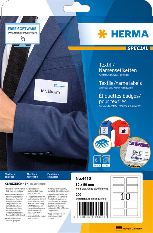 HERMA Schuletiketten – Motiv Rahmen Blau – 80 × 50 mm, Abgerundete Ecken, 200 Stk, 20 Bogen, Textil, Ablösbar