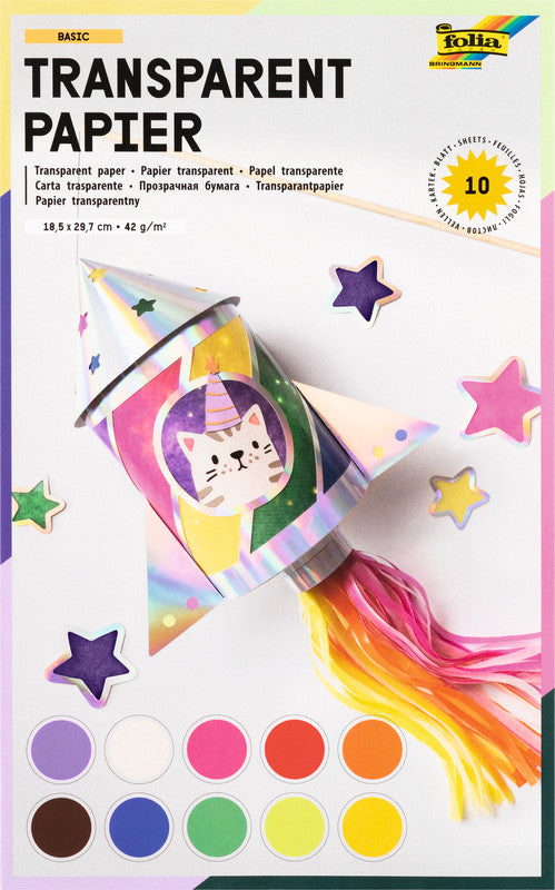 Folia Transparentpapier – 18,5 × 29,7 cm, 42 g/m², sortiert, 10 Bogen, zum Basteln
