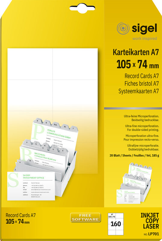 Sigel Karteikarte A7 quer, blanko, weiss, 185 g/m², Karteikarton – 20 Stück