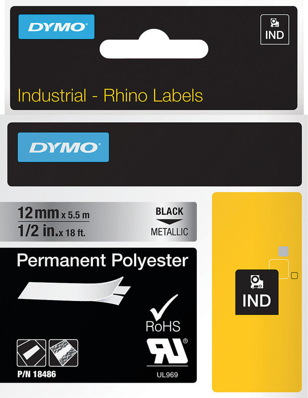 DYMO Textilband – 12 mm × 5,5 m, silber, schwarz – für DYMO Rhino 3000, 4200, 5000 und weitere