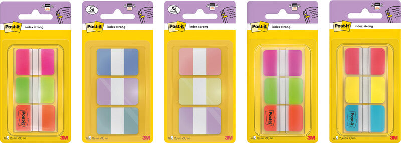 Post-it Indexstreifen Strong – 25,4×38 mm – sortiert, 3×12 Stück, mit Dispenser